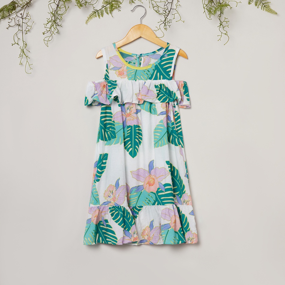 Casual Palm Leaf Allover Flare-sleeve Dress
